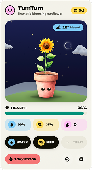 Planto plant card showing a sunflower in a terracotta pot with health, water, and weather stats